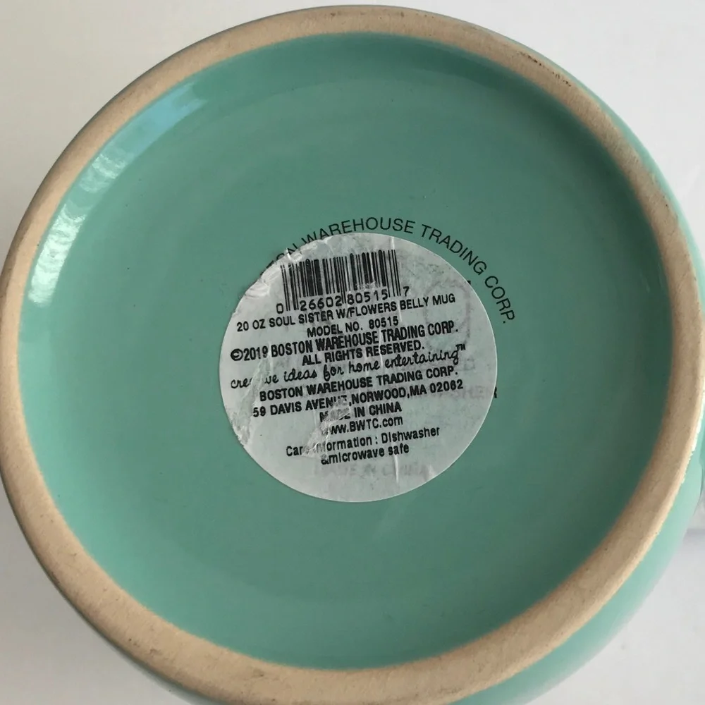 Boston Warehouse Soul Sister Belly Mug Floral Blue Green Cream Flowers Turquoise